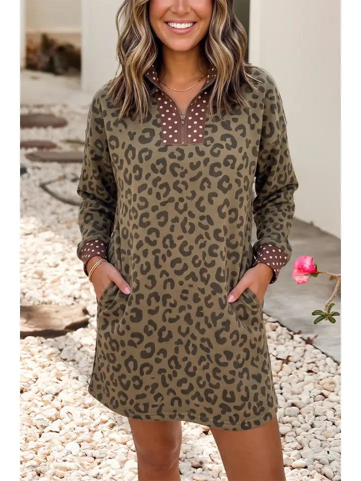 leopard polka dot patchwork detail zip neck mini dress