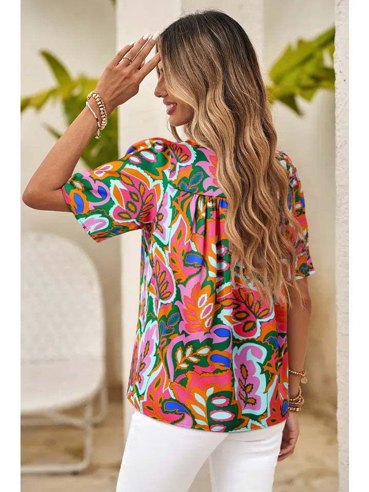 Ldc Summer Plant Print Lace Up V Neck Puff Blouse