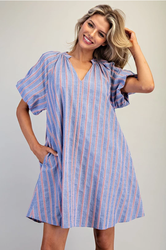 DK13239 V-NECK STRIPED PUFF SLEEVE MINI DRESS