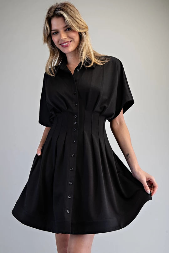dk14326 SOLID PLEATED BUTTON DOWN MINI DRESS