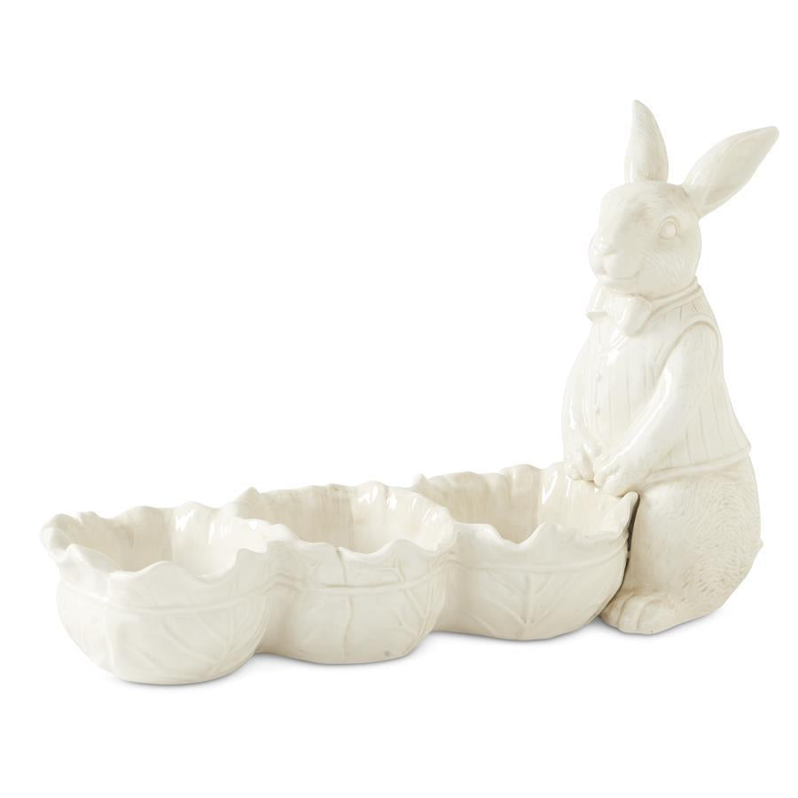 20370C 16 Inch Antiqued White Dolomite Divided Cabbage Bowls w/Rabbit