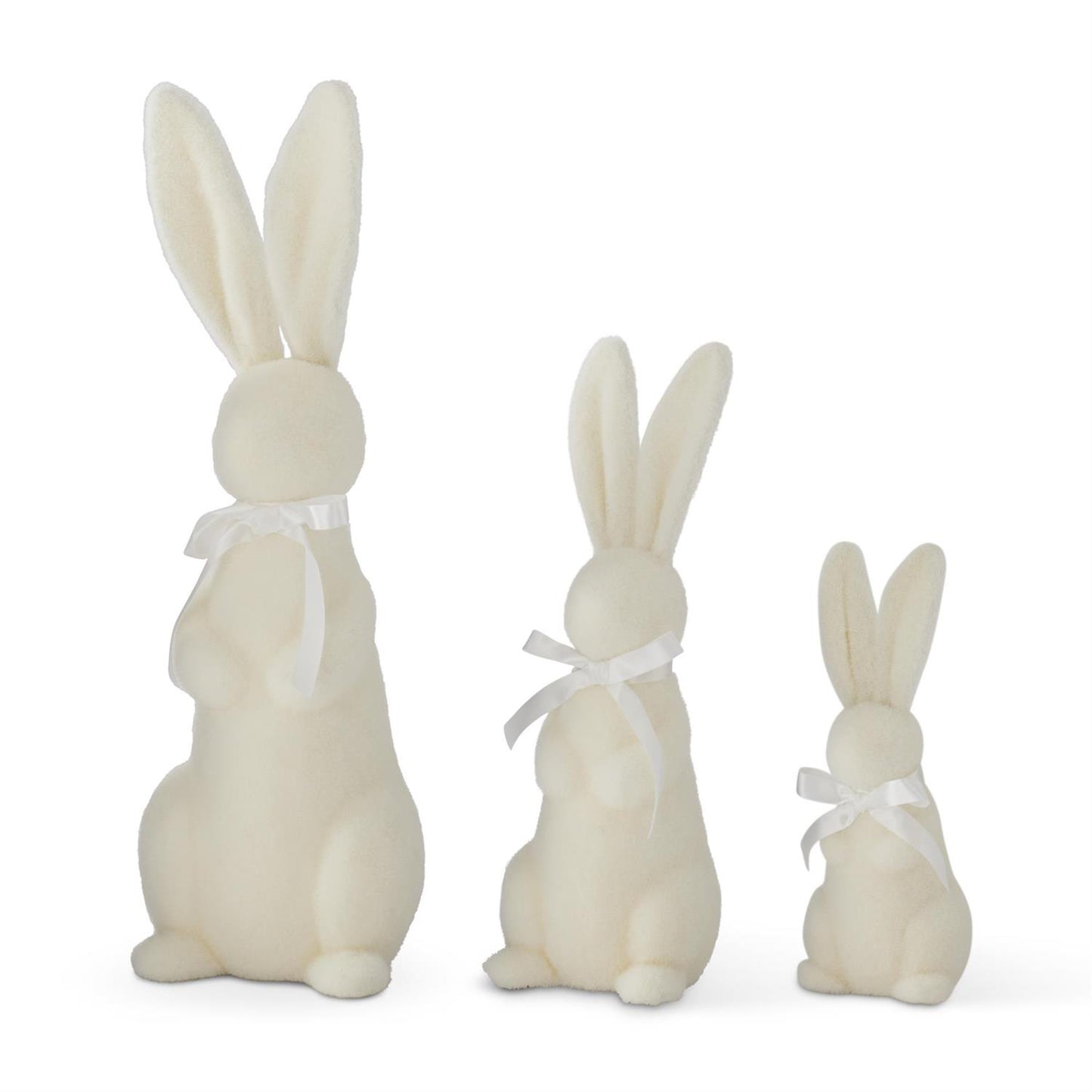 20459B Set of 3 White Flocked Easter Bunnies w/White Ribbons