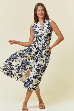 28060D PAISLEY PRINTED V NECK SMOCKED WAIST ZIP FRONT MIDI DRESS
