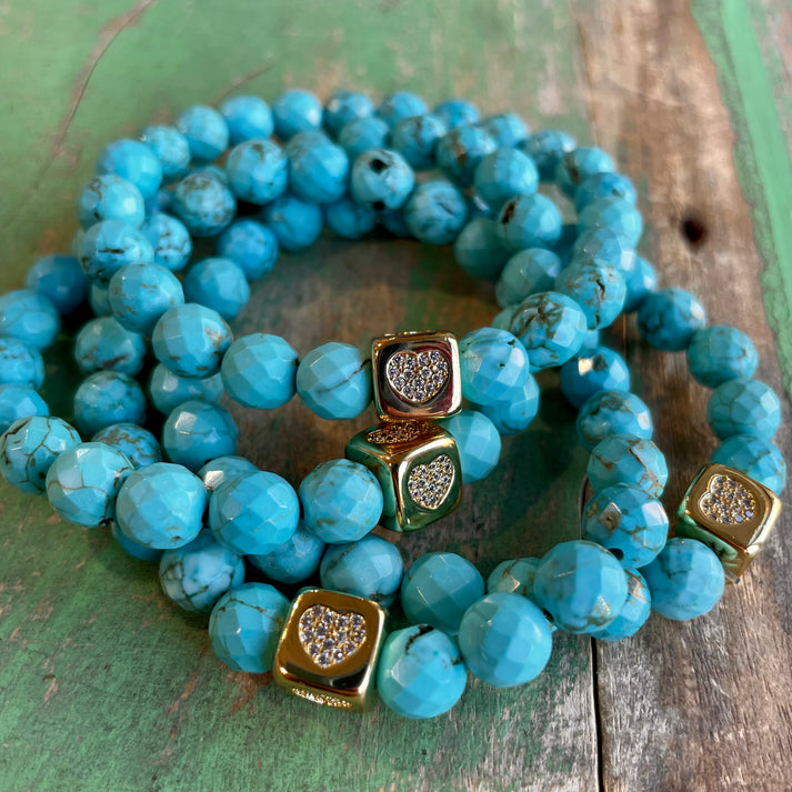 TURQUOISE GOLD HEART CUBE BRACELET