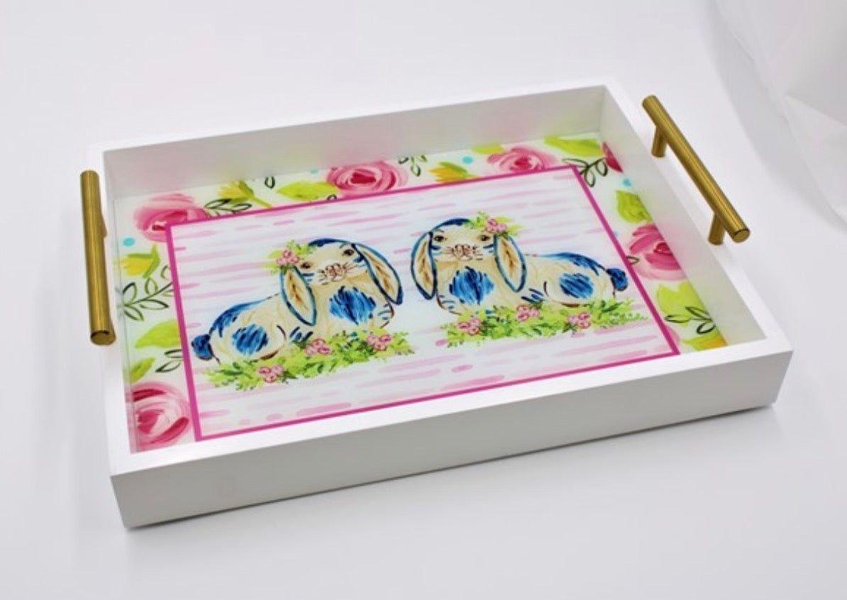 HB2033 16 X 12 WOOD TRAY W GOLD HANDLES BUNNY BLOSSOM DUO