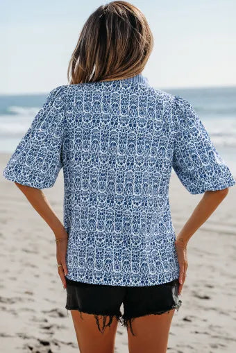 Floral Striped Print Contrast Ric-Rac Puff Sleved Shirt