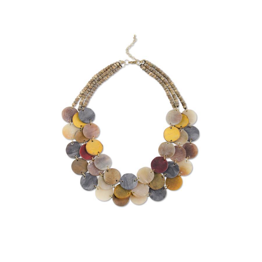 84292A Three Strand Gray Red Taupe Disc Beads Necklace