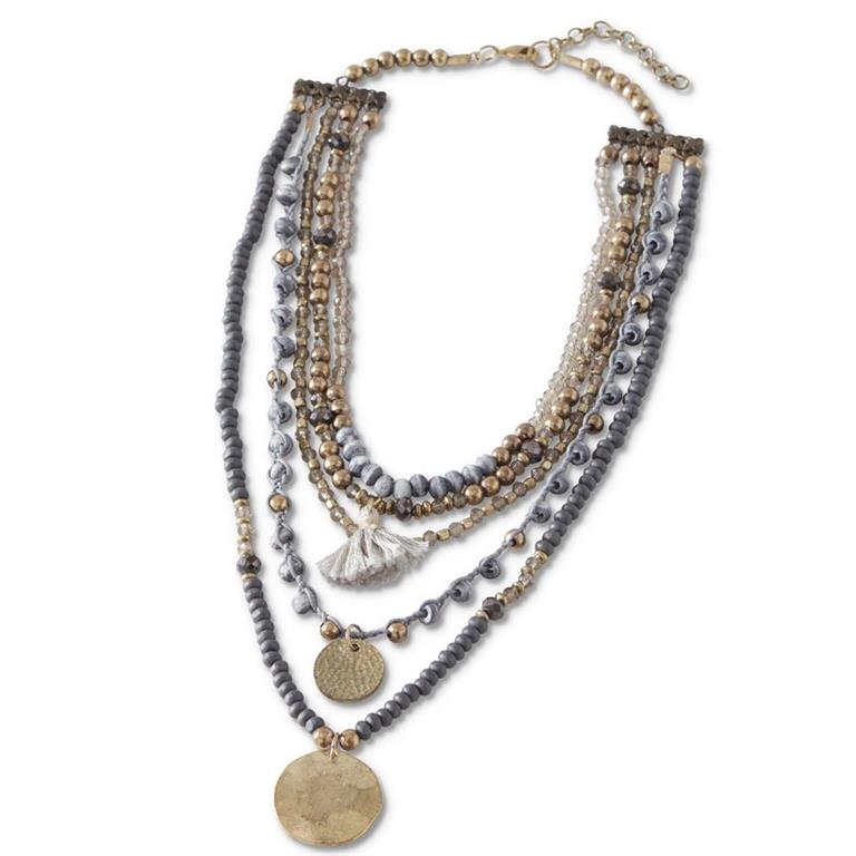 84875A Gray Brown Bead Five Strand Necklace