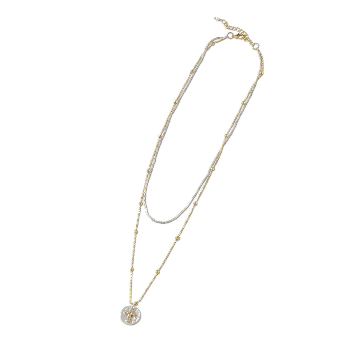 85699A 2 Layer Chain Necklace w/Silver Coin & Cross Pendant