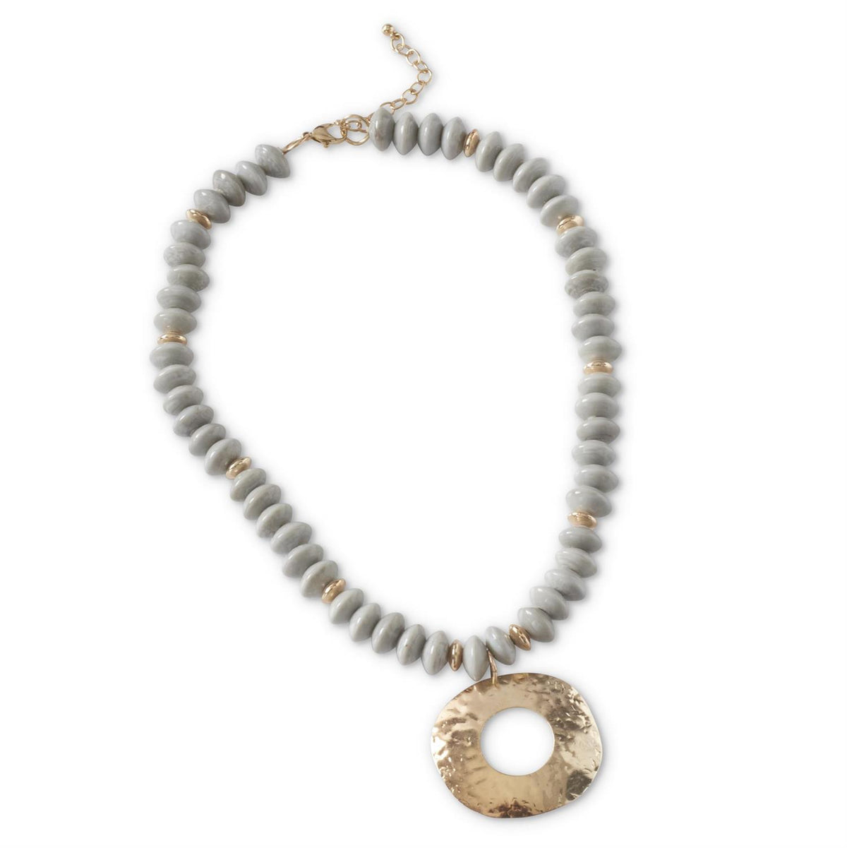 85781A Round Hollow Pendant Gray Glass Beaded Necklace