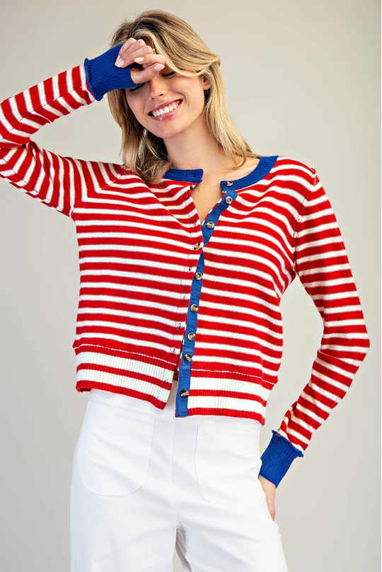 SJH15063 Contrast Striped Button Down Cardigan