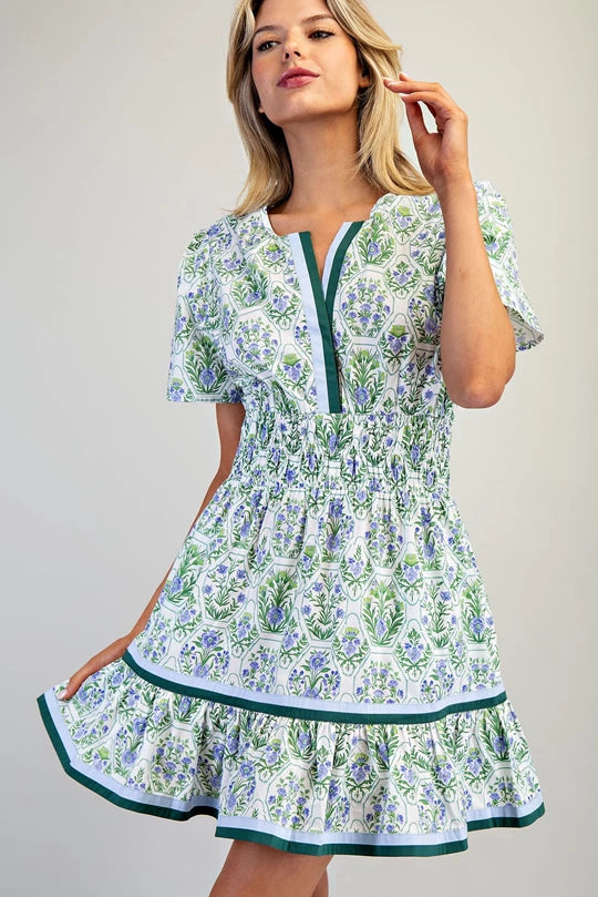 DH15245 Floral Printed Smocked Waist Mini Dress