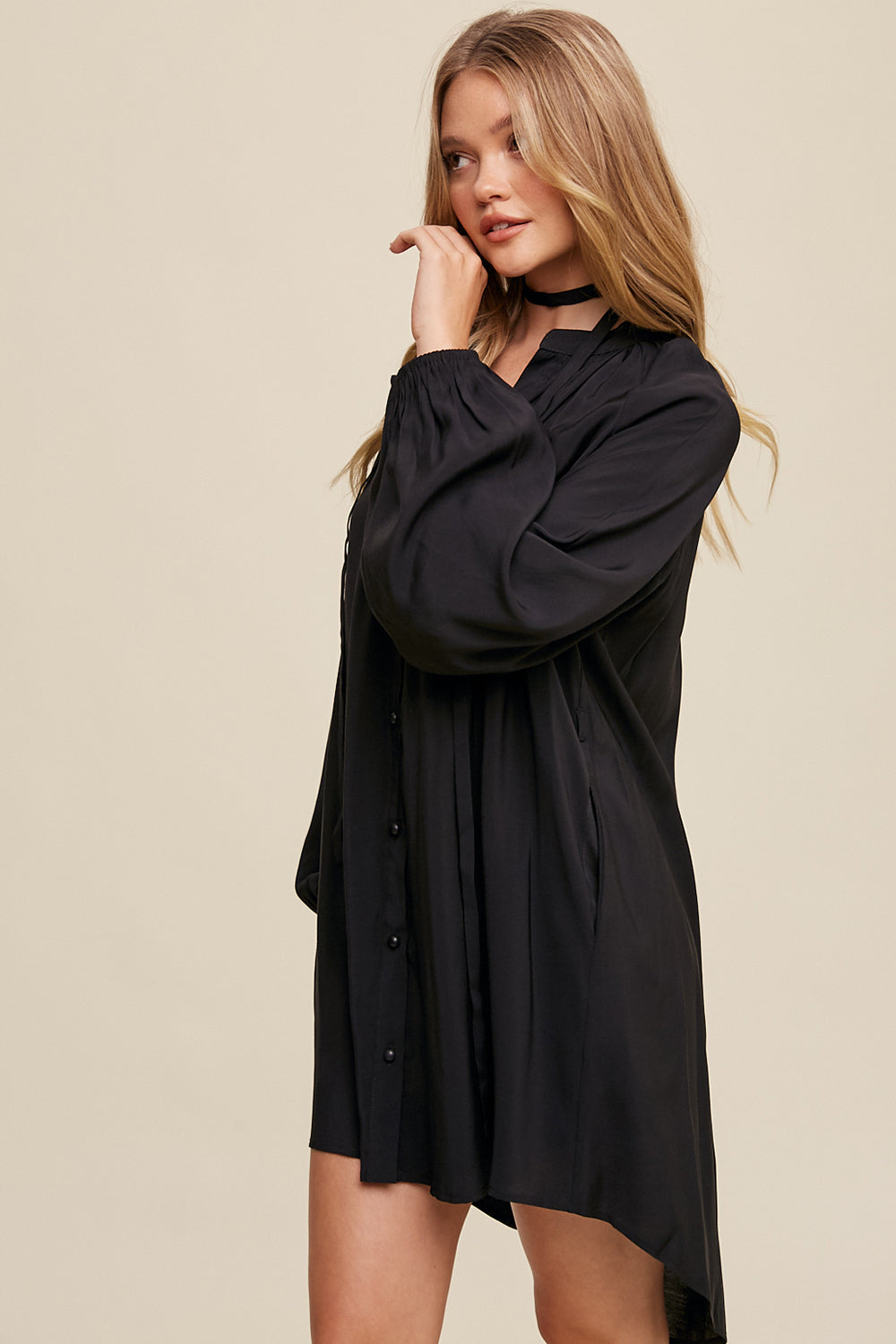 BUTTON DOWN PUFF SLEEVE FLOWY DRESS LD1281