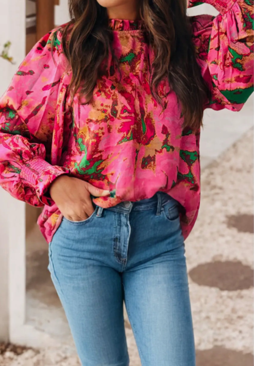 ABSTRACT PRINT FRILLY NECKLINE PUFF SLEEVE