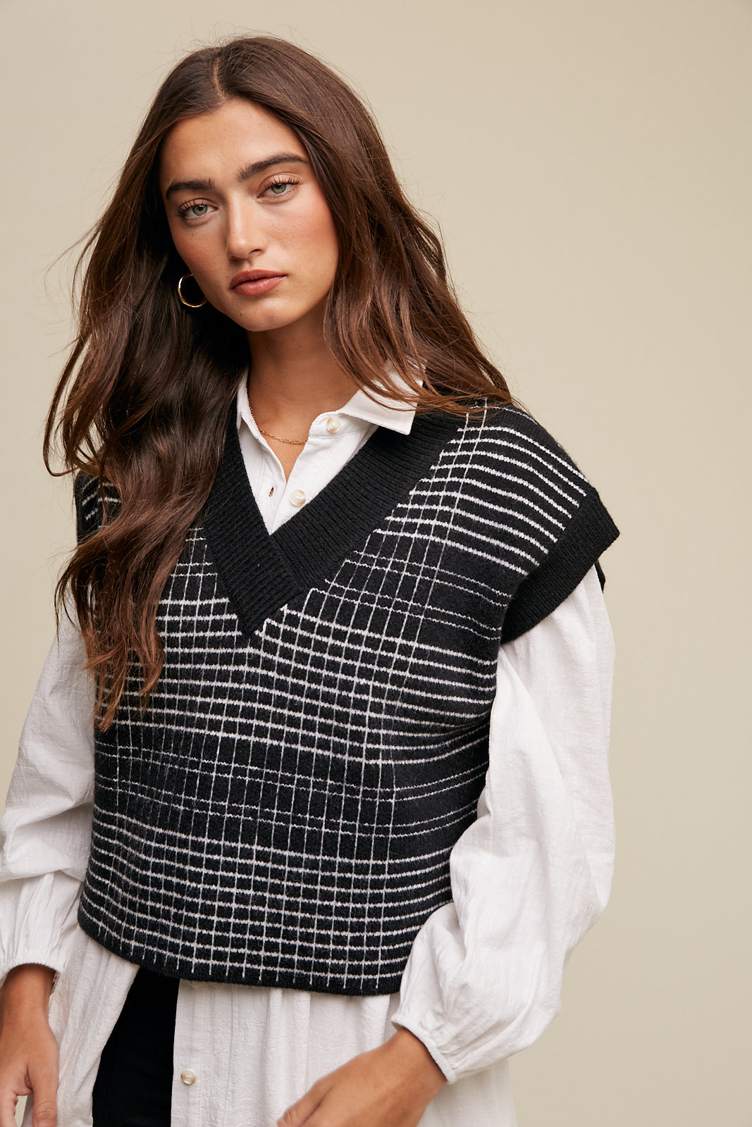LSW0863 PLAID V NECK SWEATER