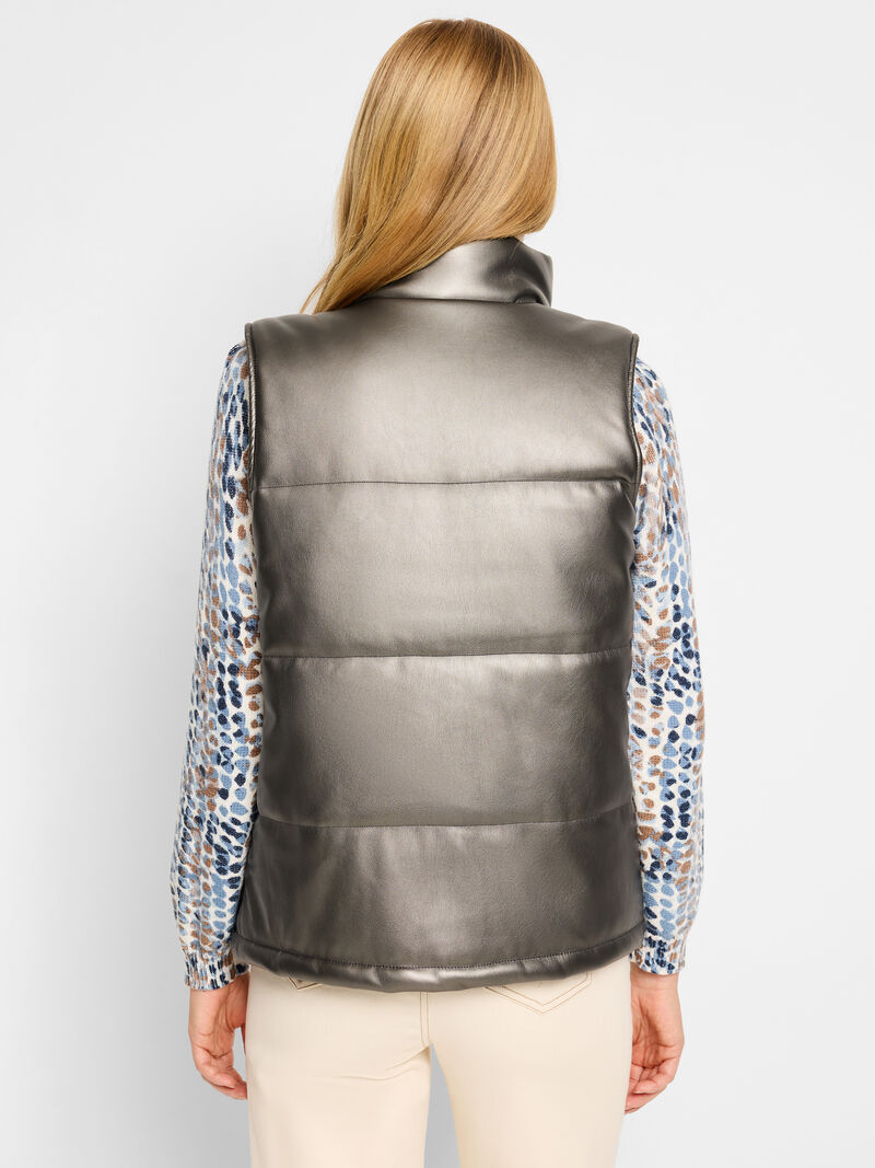 METALLIC FAUX LEATHER PUFFER VEST W241016