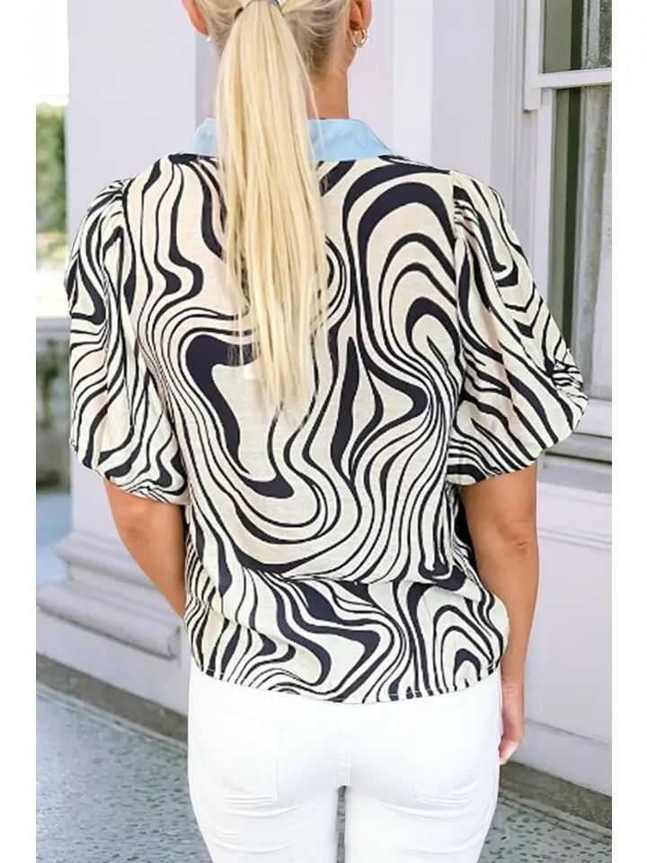 Ldc Zebra Stripe Print Contrast V-Neck Ricrac Blouse