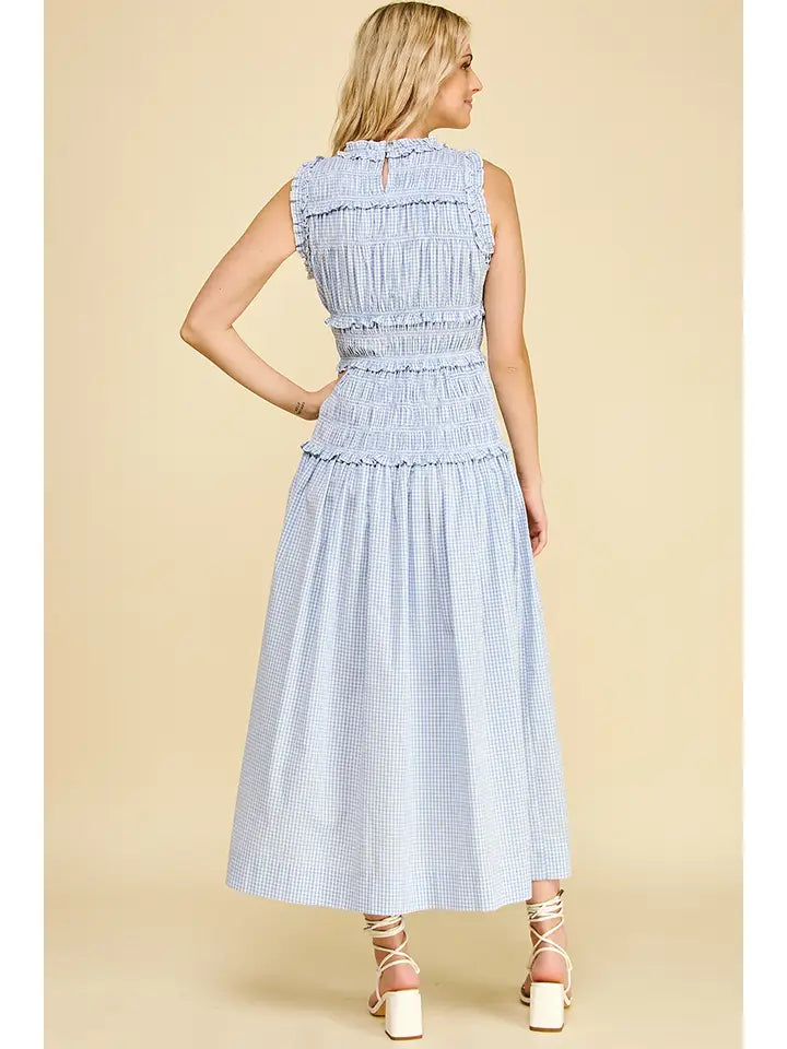 6547D GINGHAM SHIRRING DETAILED MAXI DRESS