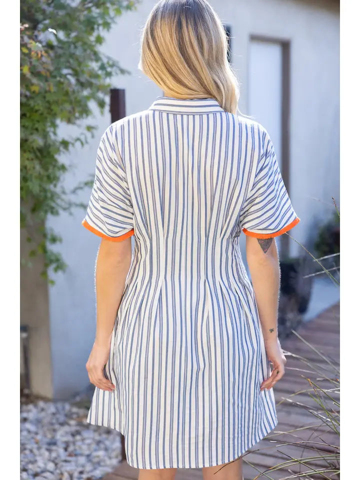 PLEATED WAIST STRIPED MINI FLARE SHIRT DRESS 36322