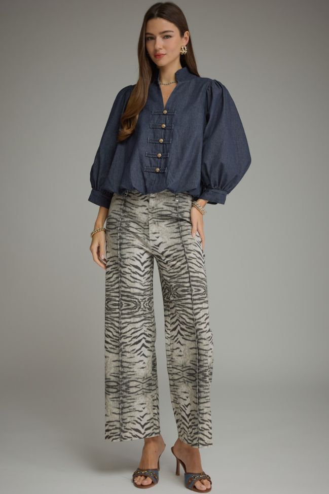 T33901 DARK DENIM PUFF SLEEVE BLOUSE