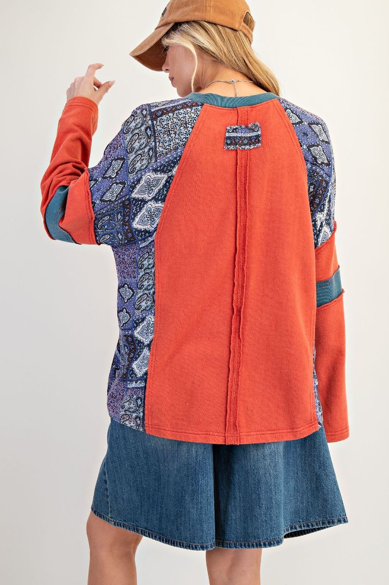 ET71553 BOHO RED PRINT MIX WASHED COTTON JEREY TOP