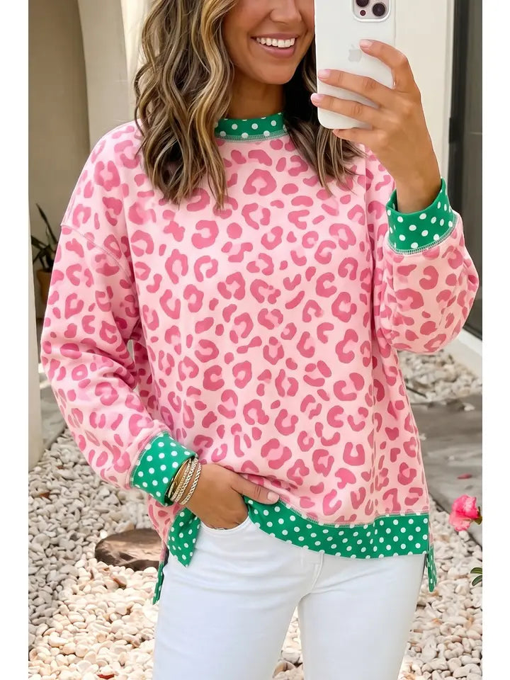 LD25139025 Polka Dot Colorblock Leopard Long Sleeve Tunic Blouse