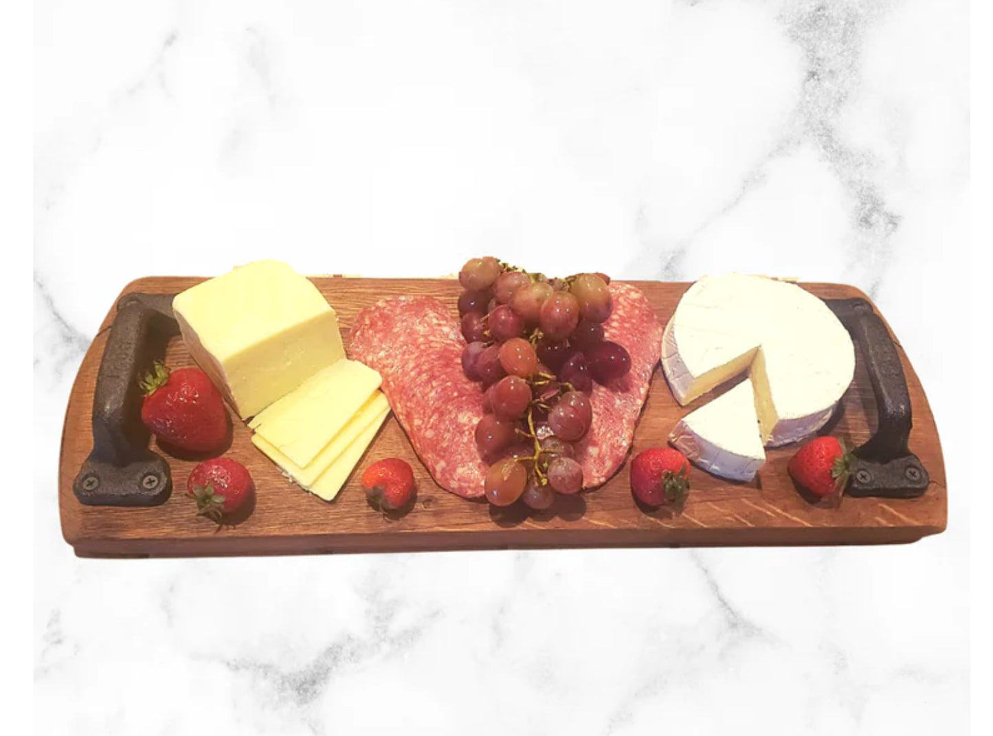 CHEESE-WINE BARREL HEAD SERVING TRAY W CAST IRON ANTIQUE HANDLES