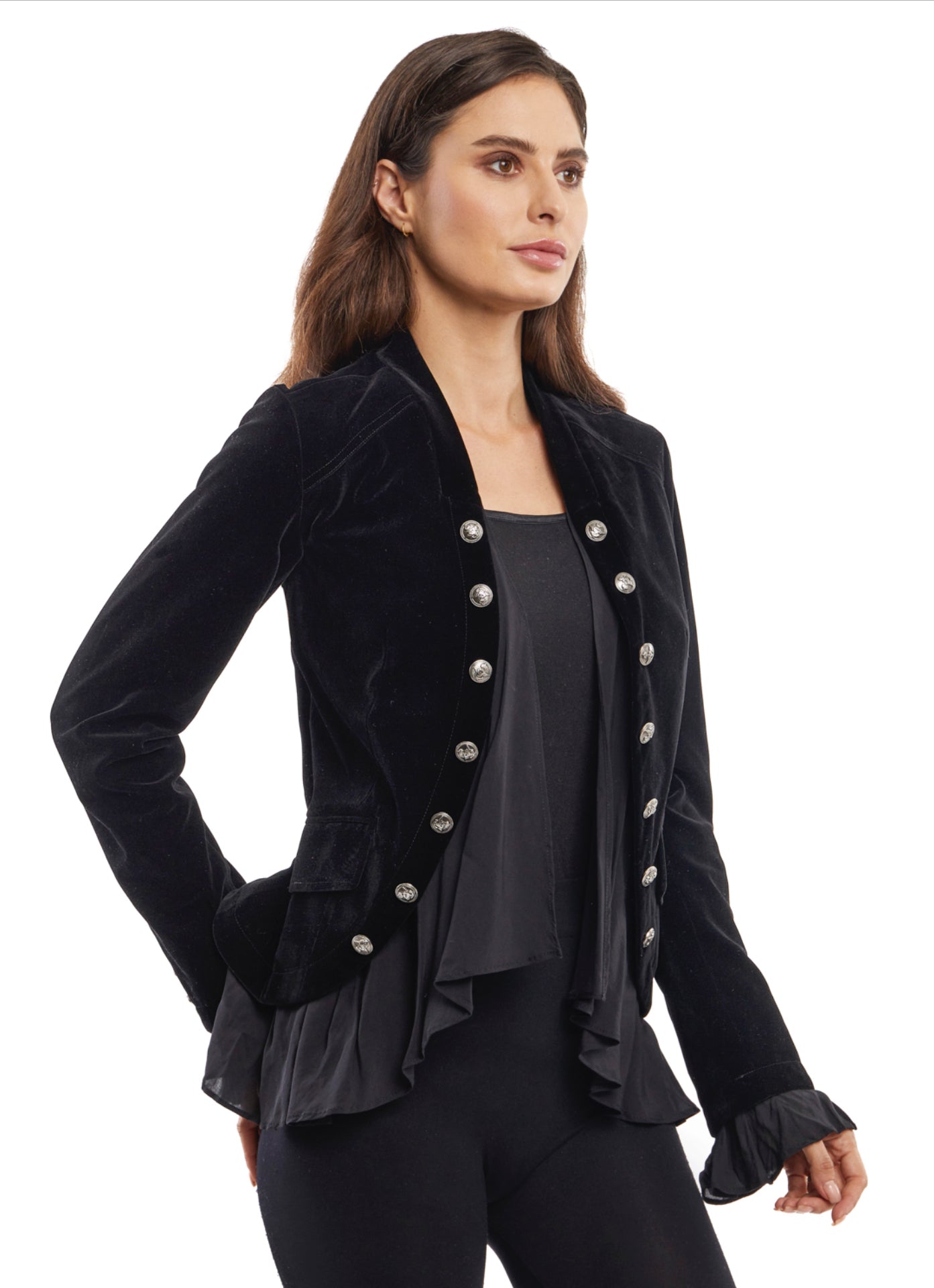 AD2329-B BLK VELVET FLOWY EMBELLISHED MILITARY JACKET