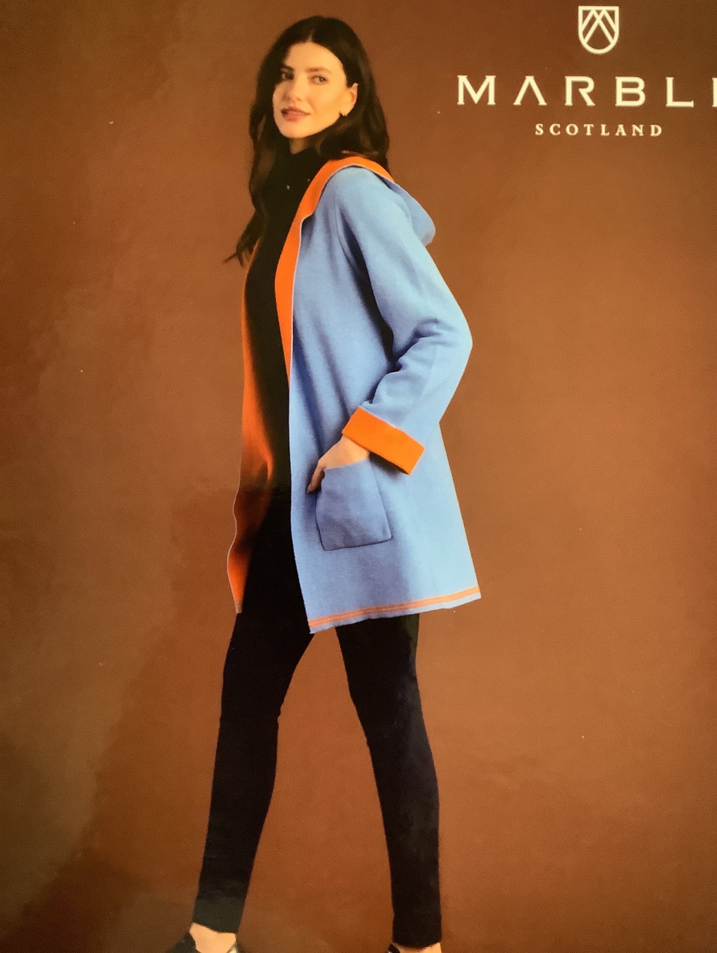 7196 PALE BLUE CARDIGAN WITH ORANGE TRIM