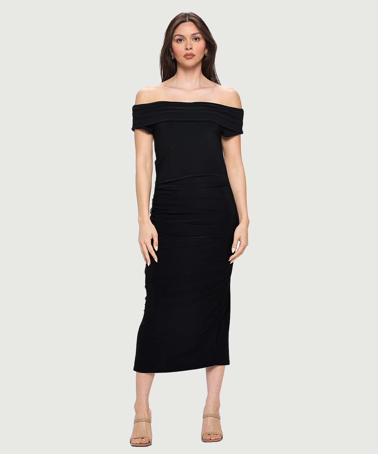 OFF SHOULDER RUCHED DRESS W SIDE SLIT MS1765 NAVY