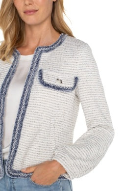collarless jacket w fray detail