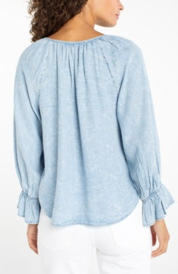 3/4 sleeve button front shirred woven top LM8K84TLQ