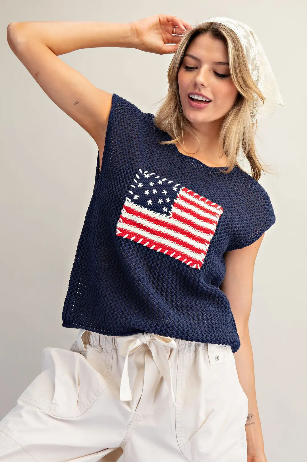 SH15252 Stars & Stripes Knit Cap Sleeve Top