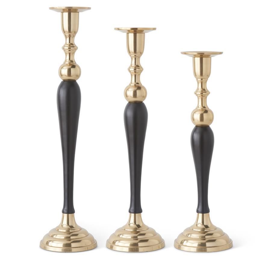 Set of 3 Gold Metal & Dark Wood Taper Candleholders 15634A
