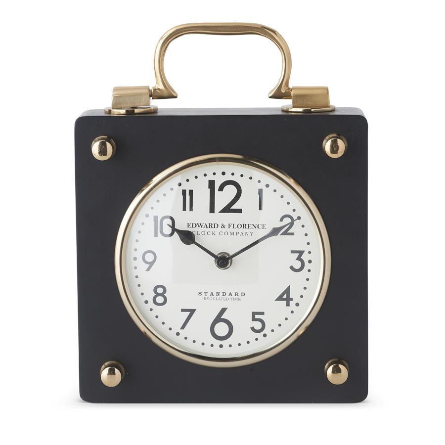 15637A 11.5" BLACK AND BRASS SQUARE METAL EUROPEAN CLOCK