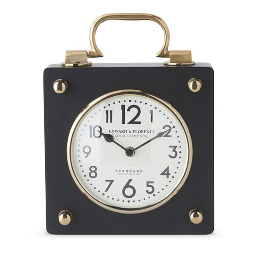 15637A 11.5" BLACK AND BRASS SQUARE METAL EUROPEAN CLOCK