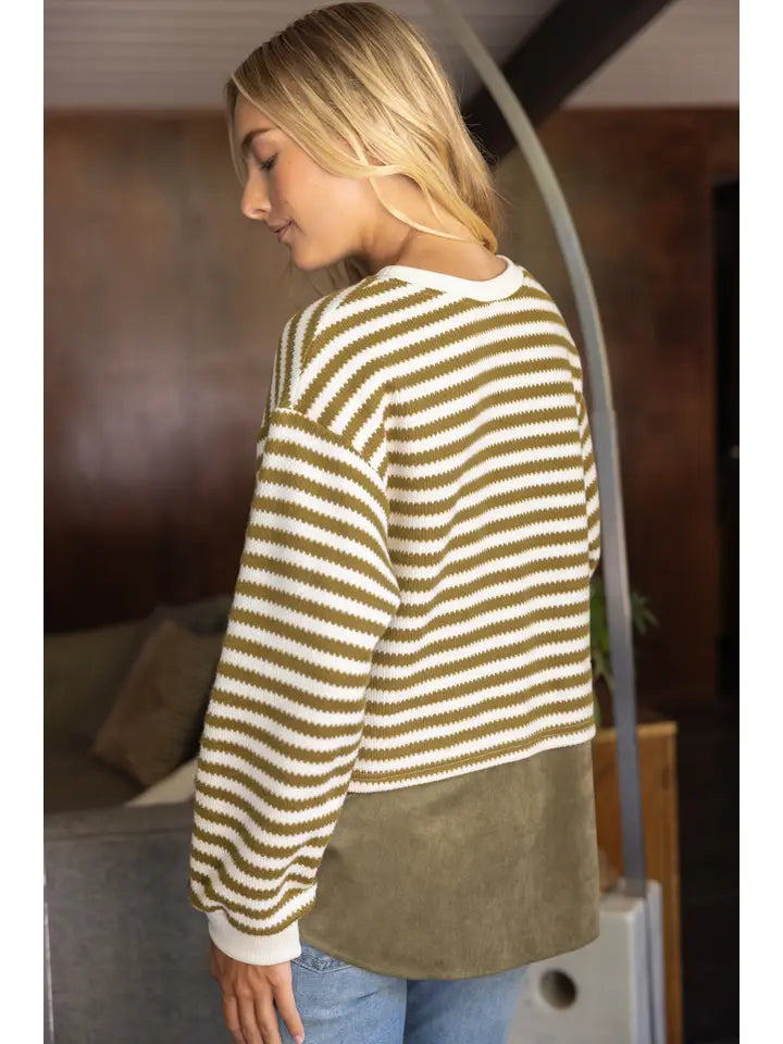 37230 CONTRAST LAYERED HEM LONG SLEEVE STRIPE KNIT TOP