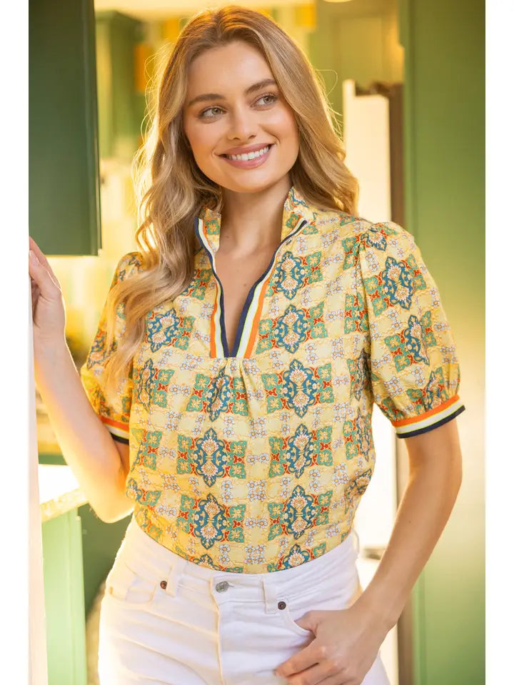 36359 Multi Color Striped Detailed Embroidered Print Top