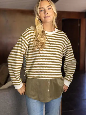 37230 CONTRAST LAYERED HEM LONG SLEEVE STRIPE KNIT TOP