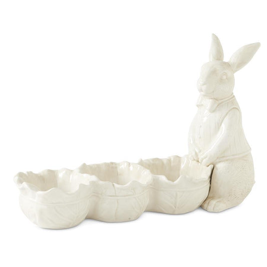 20370C 16 Inch Antiqued White Dolomite Divided Cabbage Bowls w/Rabbit
