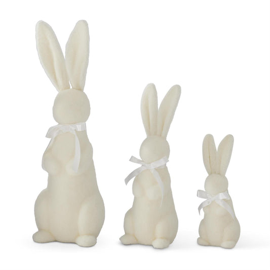 20459B  Set of 3 White Flocked Easter Bunnies w/White Ribbons