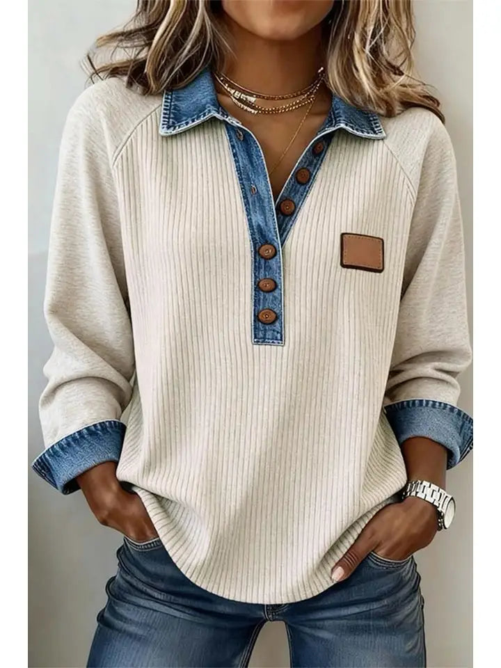 LD25138749 F/W26 Ribbed Colorblock Detail Button Collar Top