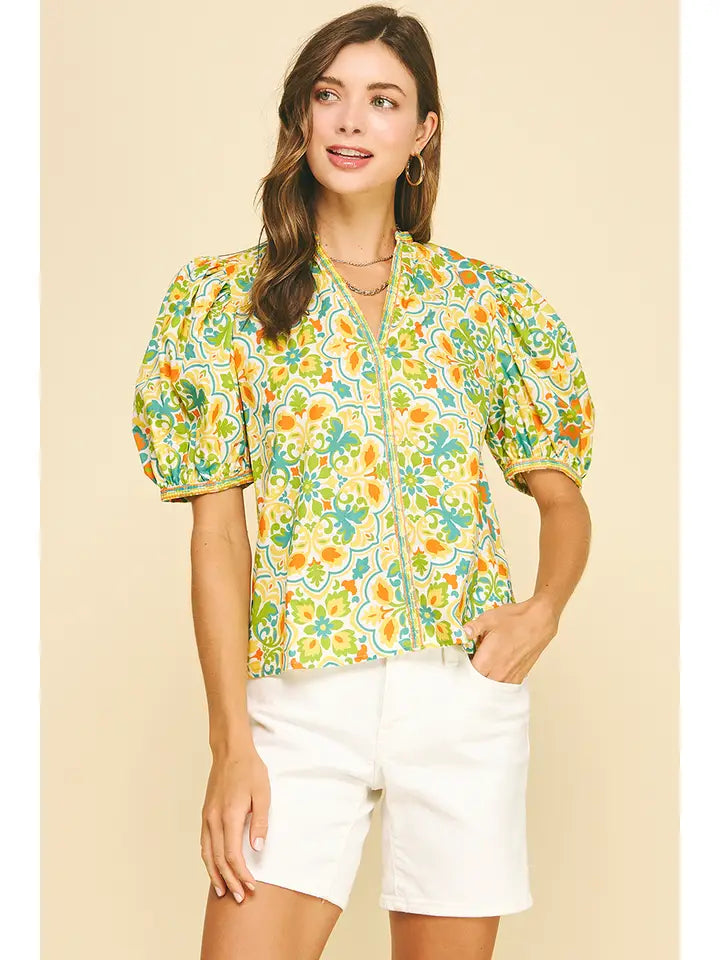 Damask V-Neck Blouse Top - 6828T
