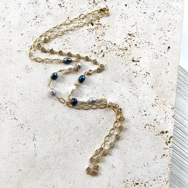 Denim Pearl Crystal Chain Layering Necklace N25279