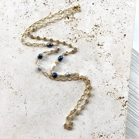 Denim Pearl Crystal Chain Layering Necklace N25279