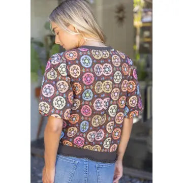 37388 FLORAL EMBROIDERED PRINT BUBBLE SLEEVE TOP