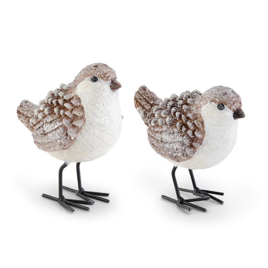 54275A  Assorted Brown and White Glittered Woodgrain Pinecone Birds (2 Styles)
