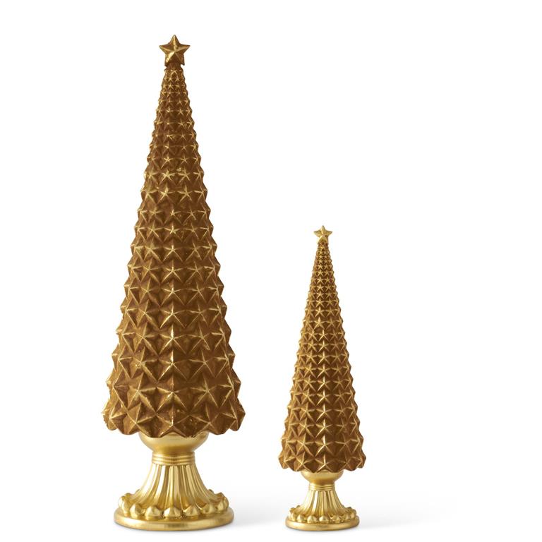 55192A-GO SET OF 2 GOLD VELVET STAR EMBOSSED RESIN TREES W/STAR TOPPER