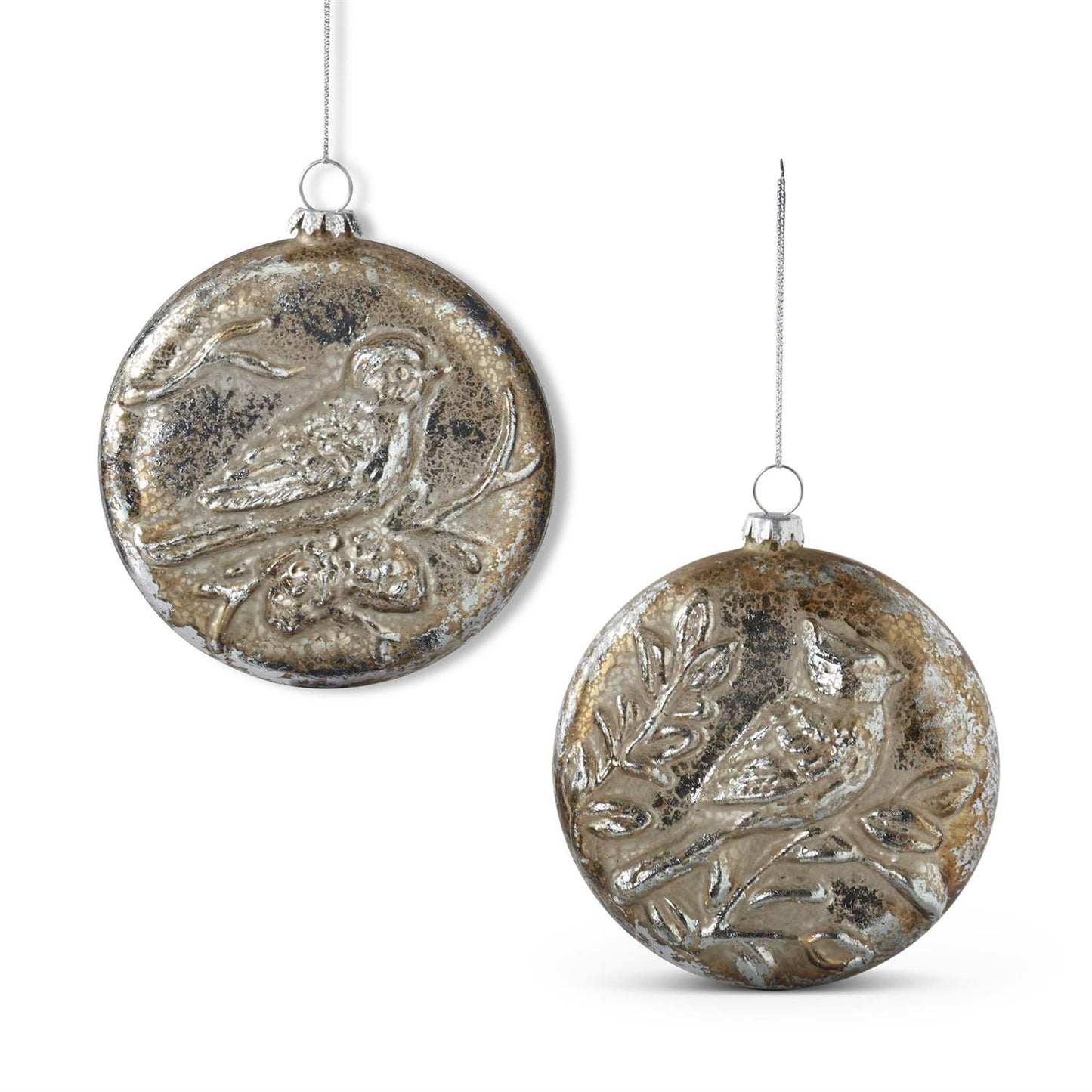 55614C  Assorted 4.5 Inch Silver Mercury Glass Embossed Ornaments (2 Styles)