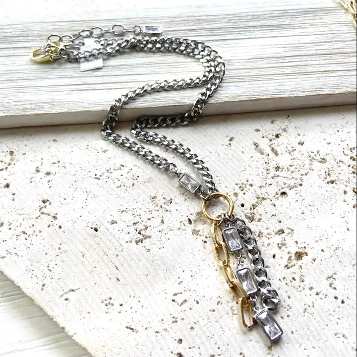 N25041 Mixed Metal Non Tarnishing Necklace Edgy Glam Jewelry